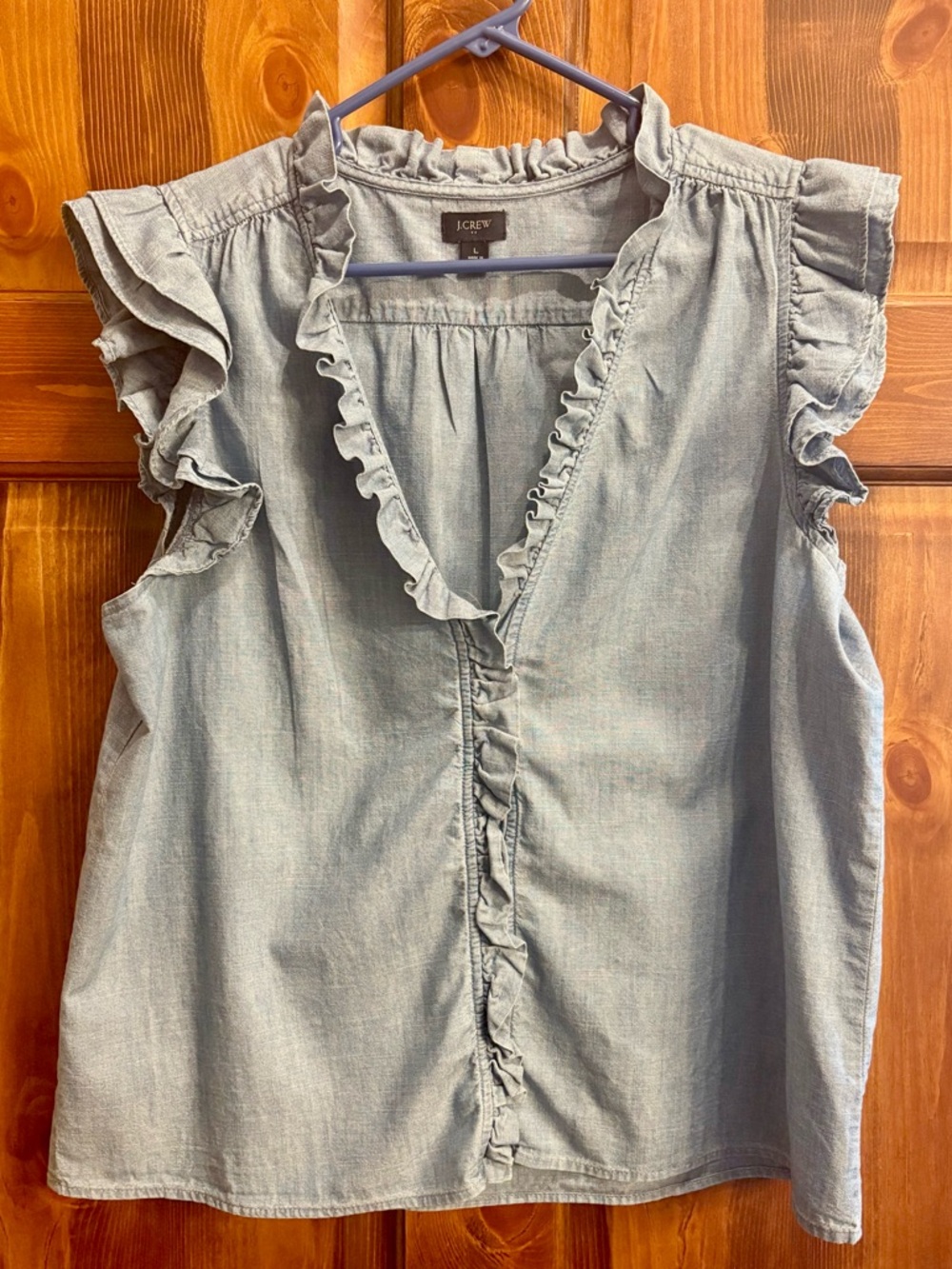 J. Crew Light Blue Ruffle-Trim Denim Sleeveless Top SZ Large
